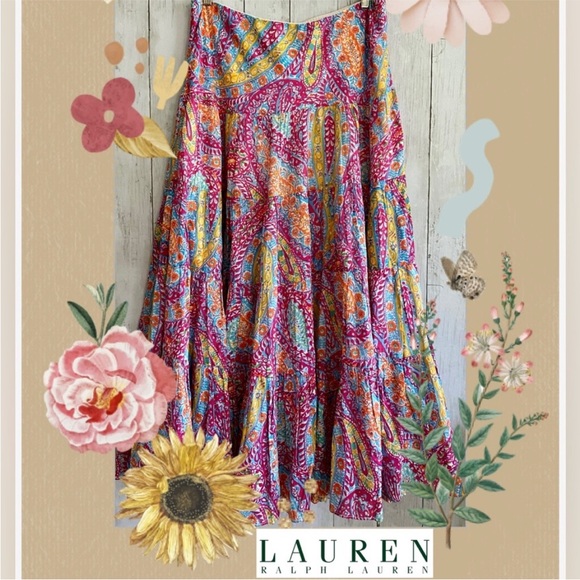Lauren Ralph Lauren Red/Blue/Mulit-color Paisley Tiered Cotton Maxi Skirt. MED. - Picture 2 of 11
